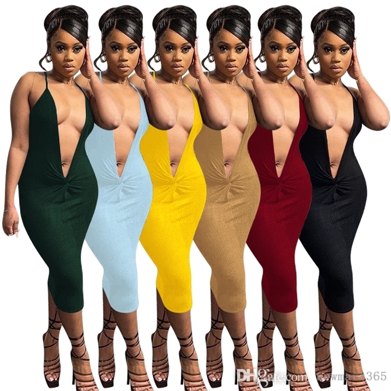 

2022 Summer Sexy Designer Womens Rib Midi Dresses Small Pit Strap Deep V Chest Suspenders Dress, Dark green