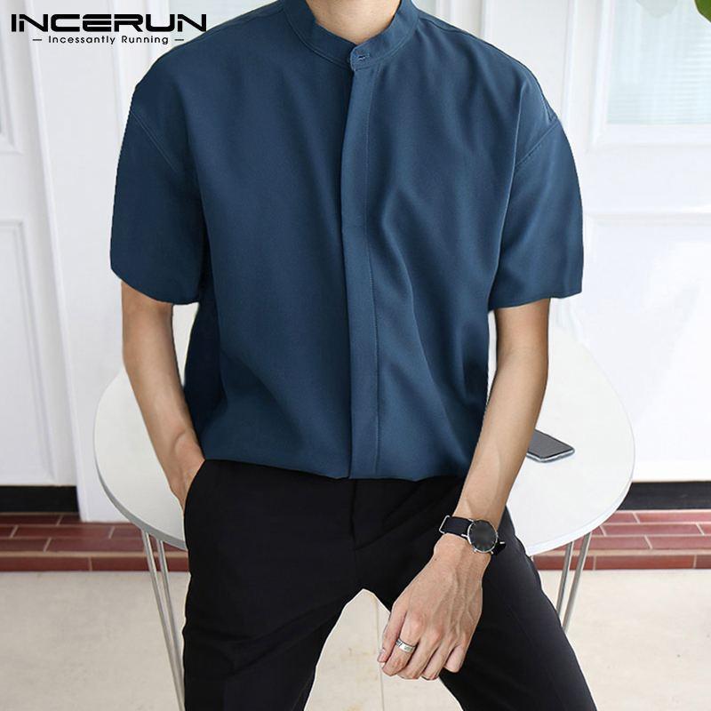 

Men Solid Color Shirt Brand Stand Collar Short Sleeve Streetwear Button Casual Tops Summer Breathable Camisas -5XL INCERUN Men' Shirts, Blue