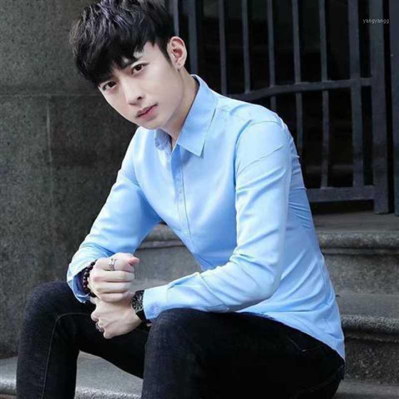 

Spring And Autumn Men' Long-Sleeved White Shirts Wild Slim Thin Solid Color Business Professional Overalls Casual, Black