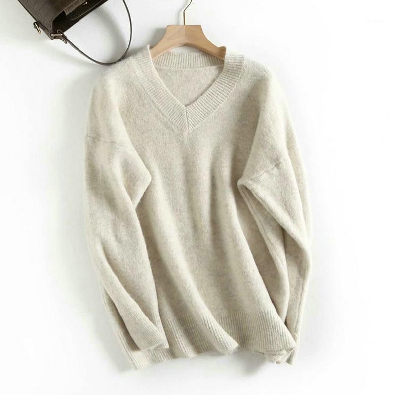 

Women's Sweaters Women Solid Knitted Long Sleeve Vintage Lady Fashion Pullovers Winter Thick V Neck Tops, Beige