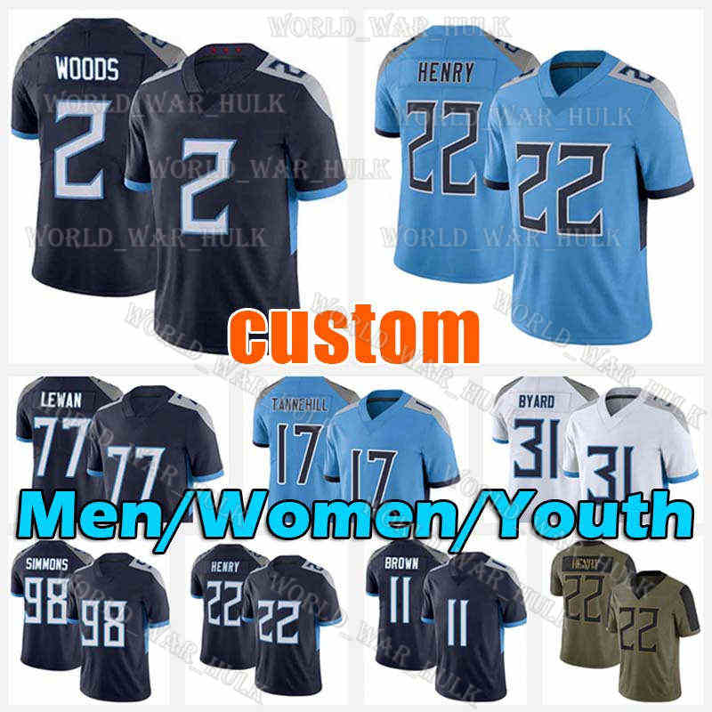 

22 Derrick Henry 2 Robert Woods Football Jersey 11 AJ Brown Caleb Farley Taylor Lewan Jeffery Simmons Kevin Byard Ryan Tannehill Steve McNair Rashaan Evans Brett Kern, Youth custom jersey(t t)