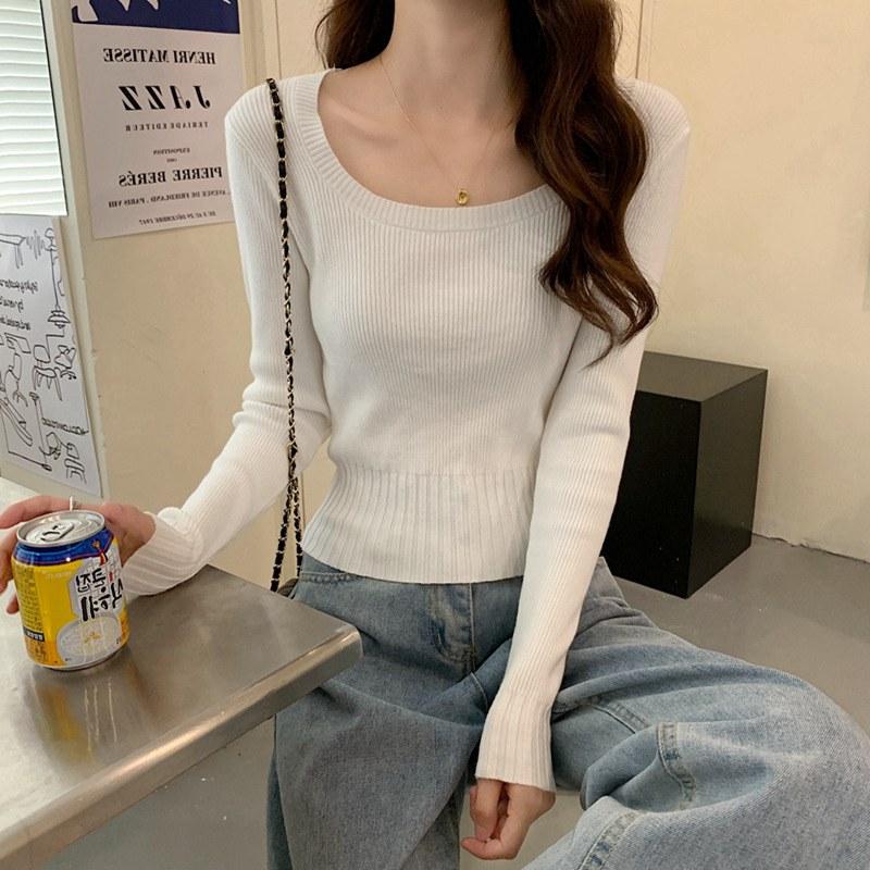 

Women's Sweaters Women Spring Autumn Square Collar Long Sleeve Solid Color Slim Outwear Short Knit Sweater For FashionWomen's, Black