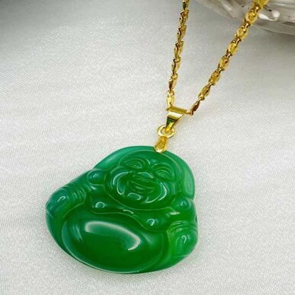 

Jade Jewelry Smiling Buddha Pendant Charm With 18K Gold Plated Chain Necklace, White