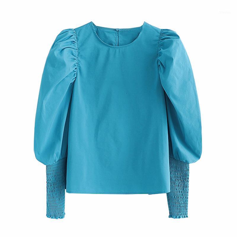 

Women' Blouses & Shirts Stylish Solid Puff Sleeve Women Blouse Retro O-Neck Female Preppy Style Ladies Tops Blusa, Sky blue