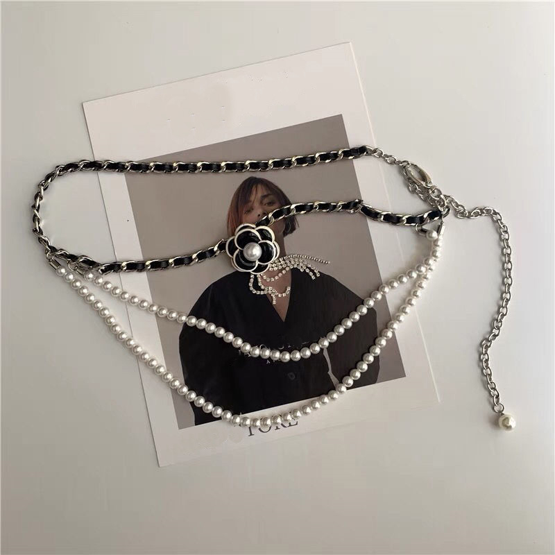 

Women Belt Fashion Metal Waist Chain Luxury Pearl Chain Camellia Decorative Vintage Designer Brand Belt, Free