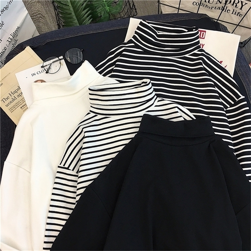 

Striped Inner Turtleneck Long Sleeve T-Shirt Women Spring Autumn Bottoming Tees Female Comfortable Cotton Knitted Tshirts 220401, White
