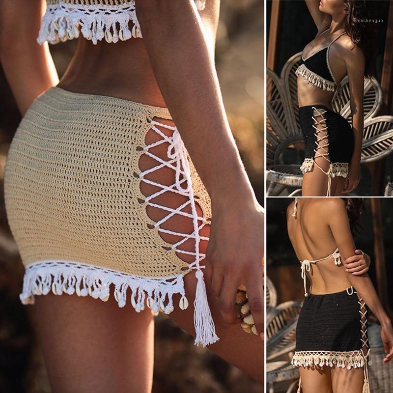 

Women's Handmade Beach Bikini Short Skirt Crochet Sexy Shell  Skirts, Black