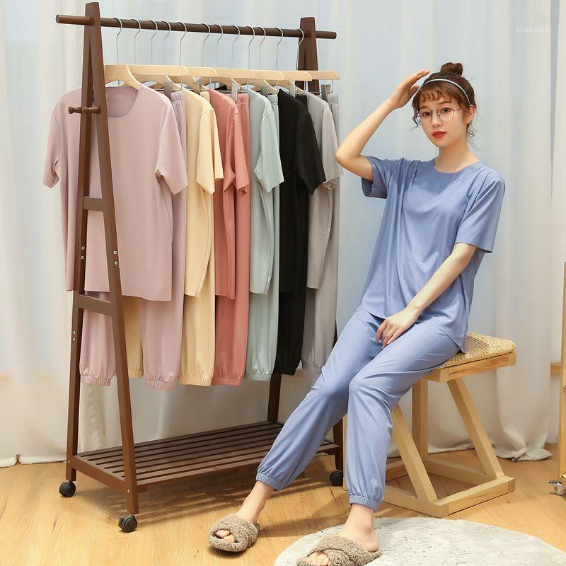 

Women's Tracksuits Fairy Lazy Cold Suit Summer Short Sleeve Ankle Banded Pants Two-Piece 2022 Homewear Pajamas Two Piece Set, Cloudy blue