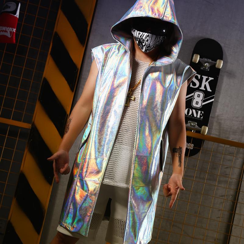 

Stage Wear Nightclub Men PU Leather Silver Hooded Sleeveless Cloak Gogo Dance Costume Rave Clothes Bar DJ Costumes Singer Long SuitStage, Coat only