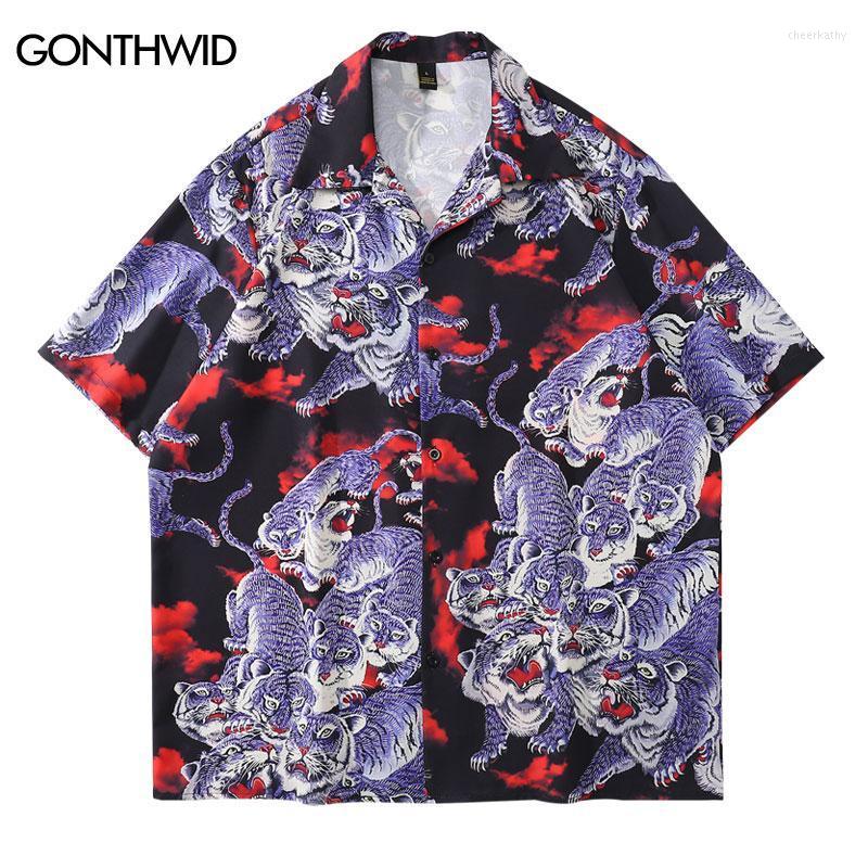 

Men's Casual Shirts Men Hawaiian Shirt Blouse Harajuku Tiger Print Short Sleeve Button Down 2022 Summer Fashion Loose Beach TopMen's Chee22, Black