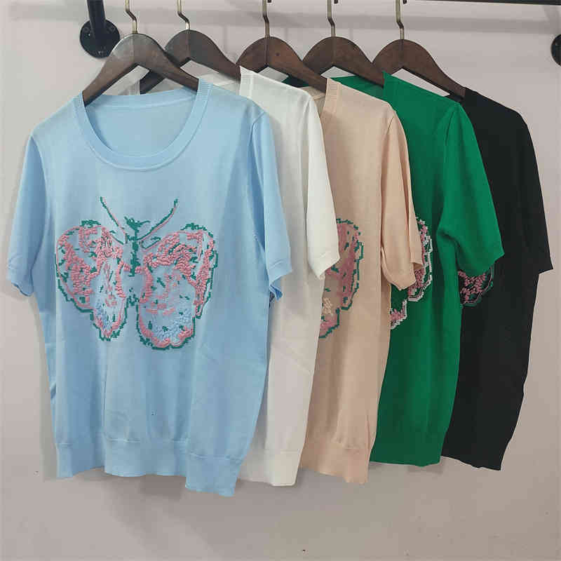 Women's Knits Tees French Hand Crocheted butterfly Tencel sweater women's thin half sleeved Pullover summer top