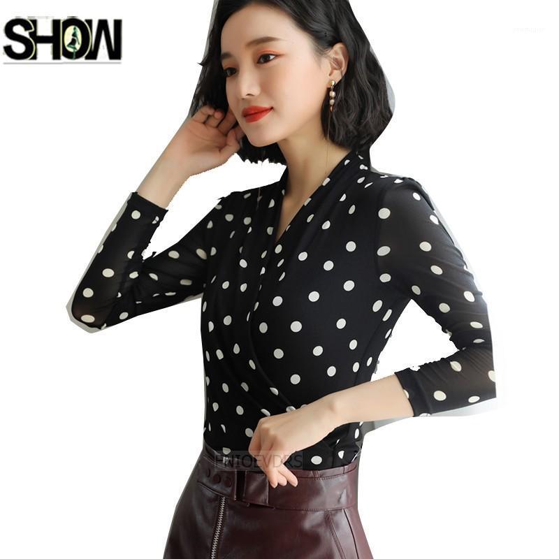 

Women's Blouses & Shirts Winter Basic S Women Fashion Warm Velvet Tops Slim Elegant Lady Temperament Polka Dot V Neck Blouse 3011, Black