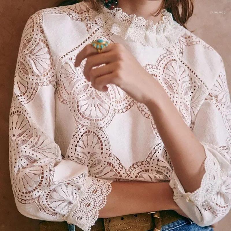 

Women' Blouses & Shirts 2022 Stand Collar Women Lace Blouse Crocheted Hollow Out Elegant Three Quarter Sleeve Ladies White And Tops