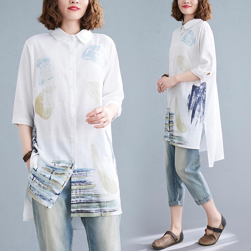 

Women's Blouses & Shirts Summer Literature And Art Water Print Shirt Women's Medium Length Loose Casual Versatile Cotton Linen Split Top, White