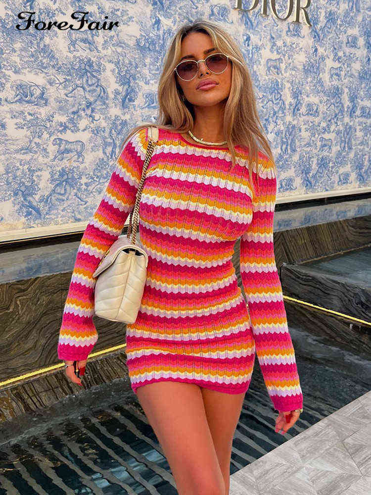 Forefair Stripe Knit Women Dress Bodycon Backless Long Sleeve 2022 Holiday Casual Summer Green Y2K Beach Mini Sexy Dresses Party Y220413-image-760839111