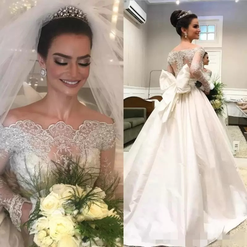 Manches longues robe de mariée élégant décolleté festonné dentelle appliques balayage train Satin arc froncé robes de mariée robe de novia