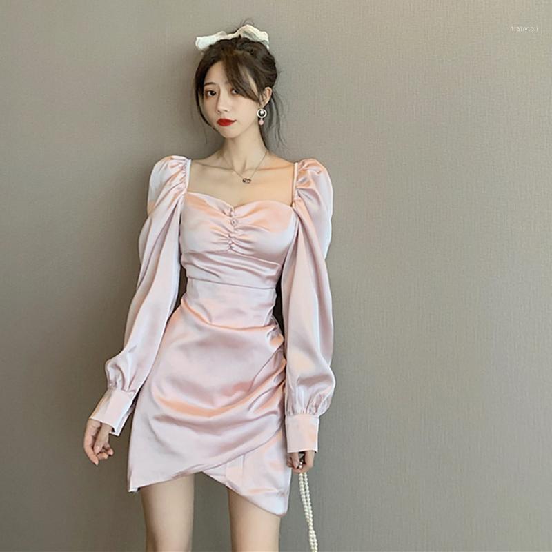 

Casual Dresses Vintage Style Fashion Brand Women' Clothing Empire Square Collar Puff Sleeve Solid A-line Mini-dress Button Pink