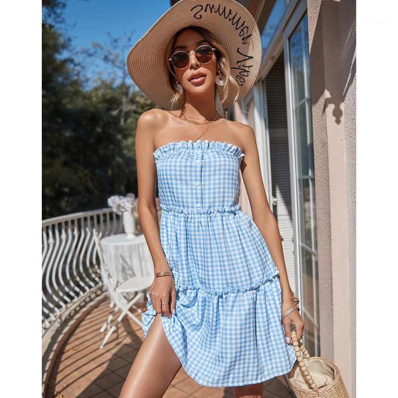 

Casual Dresses 2022 European And American Fashion Women' Retro Herringbone Neck High Waist Thin Wrapped Chest Light Blue Plaid Cake Dress