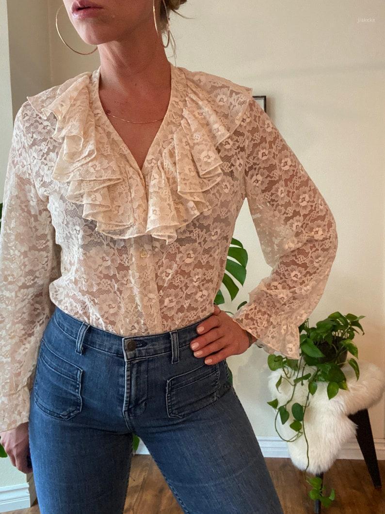 

Women' Blouses & Shirts Women Lace Ruffle Puff Sleeve Blouse Temperament Tops Solid Color V-neck Soft Breathable Blusas Mujer De Moda 2022, Beige