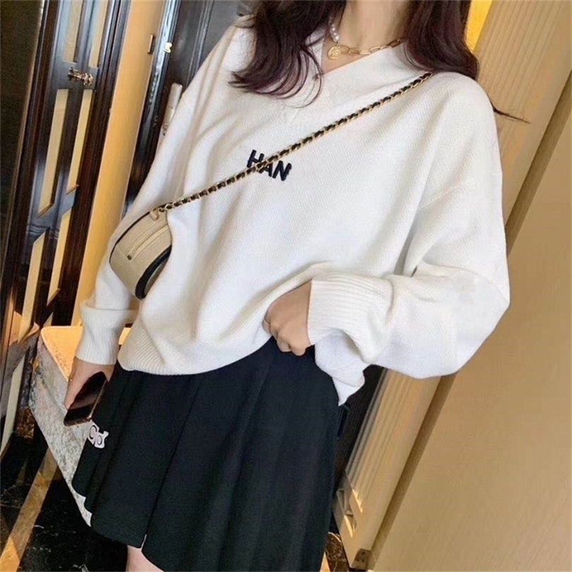 

early autumn fashion trend women' V-neck letter embroidery fashion casual cotton sweater 201204, White