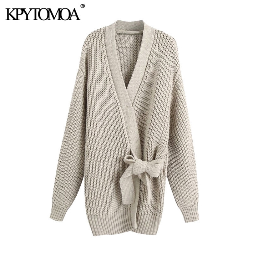 

KPYTOMOA Women Fashion With Tied Wrap Knitted Cardigan Sweater Vintage Long Sleeve Loose Female Outerwear Chic Tops 201203, As picture