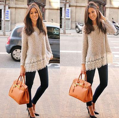 

Wholesale-women Jump Long Sleeve Lace BLOUSE Loose Sweater Tops Pullover Sweat, Gray