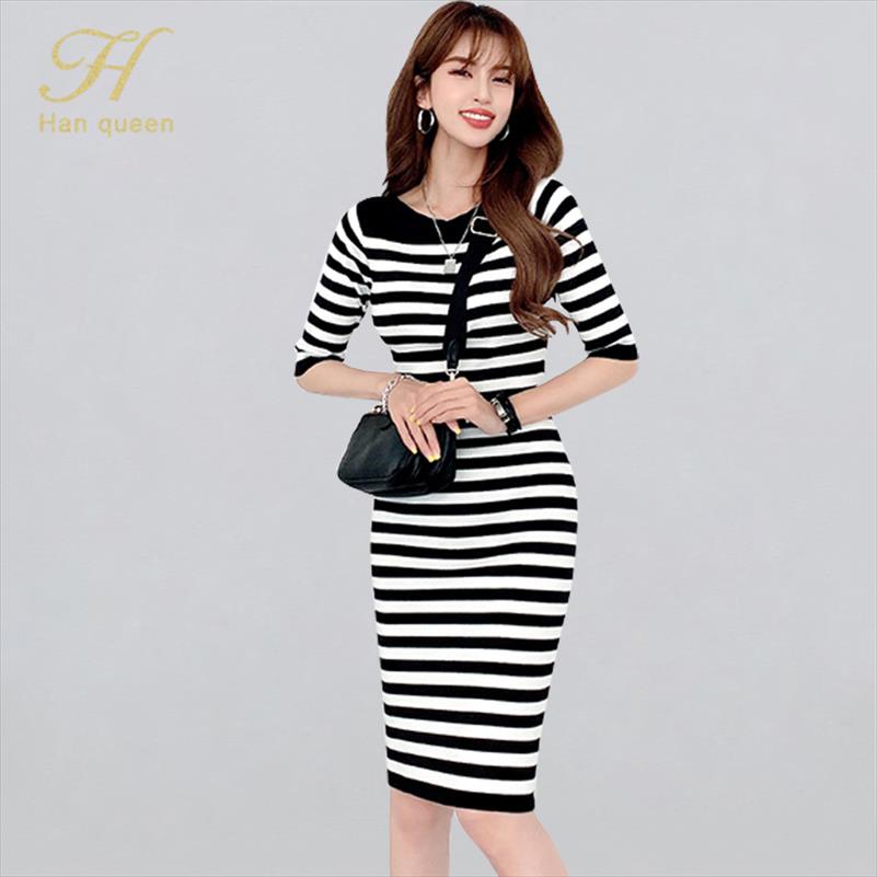 

Vintage Striped Autumn Dresses Women Knitted Pencil Dress Elegant Korean Simple O-neck Bodycon Work Office Vestidos, Black white