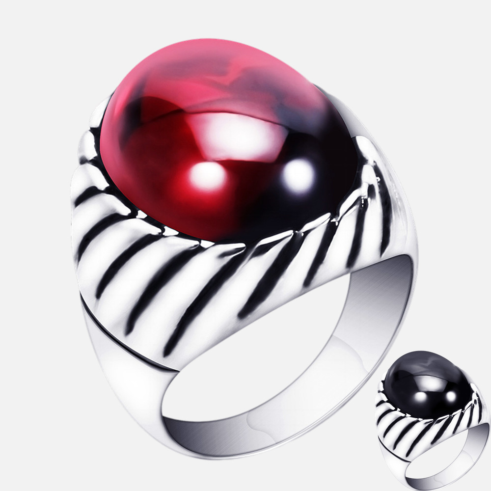 

Red Black Agate Ring Stainless steel Chunky Dome Gemstone Rings Band for Men Statement Punk Minimalist Jewelry CK1002