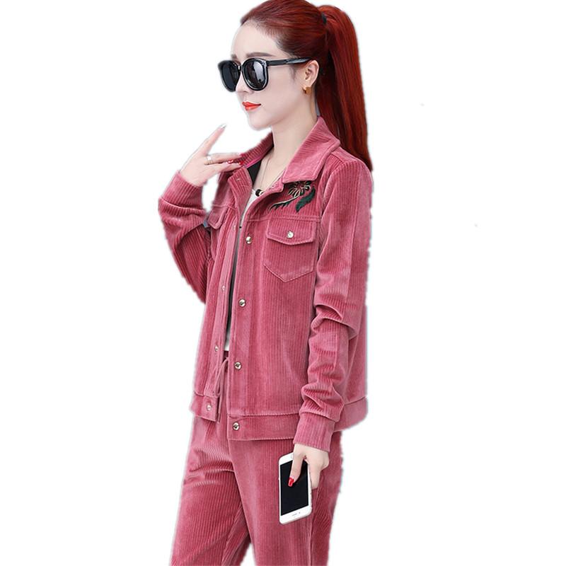 

Women's Two Piece Pants Top Women Clothing Sporting Suit Female European Fashion Lady Clothes Set Corduroy Embroidered 2 Autumn Tracksuit 16, Pink