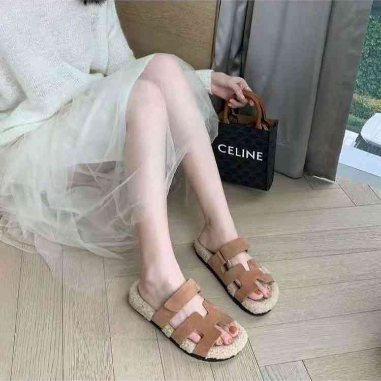 

Herme Slippers chypre sandal spring and autumn women's new slippers with woolen retro British flat bottomed second uncle, White