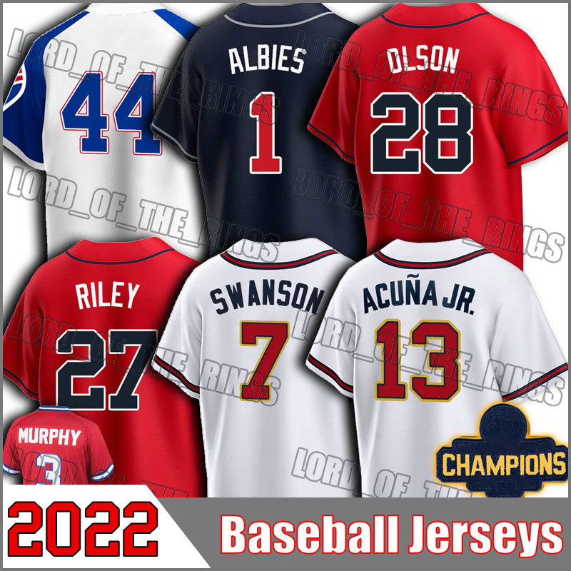 

2022 Gold Program Champion Ronald Acuna Jr. Baseball Matt Olson Jersey Dansby Swanson Ozzie Albies Austin Riley Travis D'Arnaud Dale Murphy Atlanta Hank Aaron, +patch custom jersey (ys)