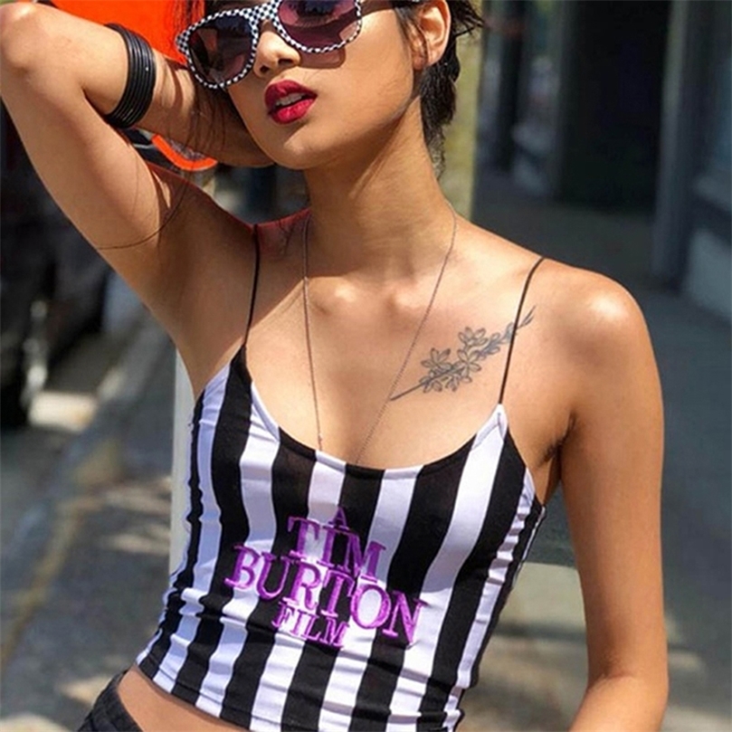 

Letter Embroidery Women Sexy Crop Top Summer Sleeveless Skinny Camis Stripe Camisoles Tim Burton Woman Clothes 220607, Black
