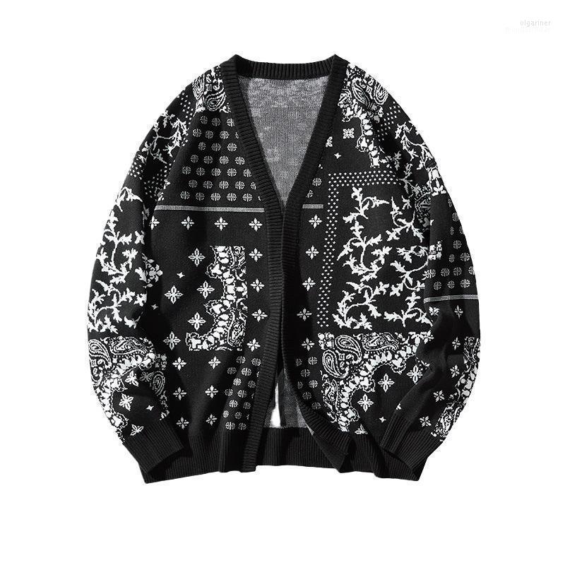 

Men's Sweaters Autumn Vintage Knitwear Sweater Men Knitted Hip Hop Cashew Flowers Jacquard Warm Unisex Cardigan Mens Clothes Olga22, Black