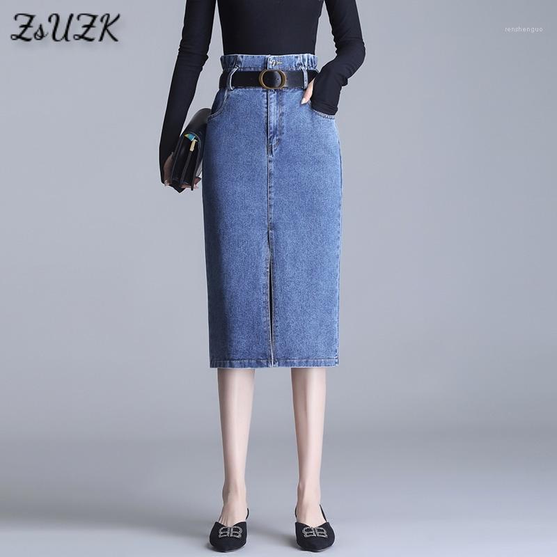 

Korean Fashion Pencil Skirt With Belt 2022 Spring Autumn Female High Waist Package Hip Denim For Women Skirts, Blue