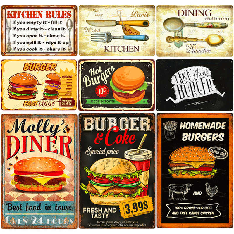 

Vintage Kitchen Rules Plaque Burgers Fries Metal Tin Sign Cafe Home Room Decor Fast Food Metal Plate Dinning Wall Poster N376