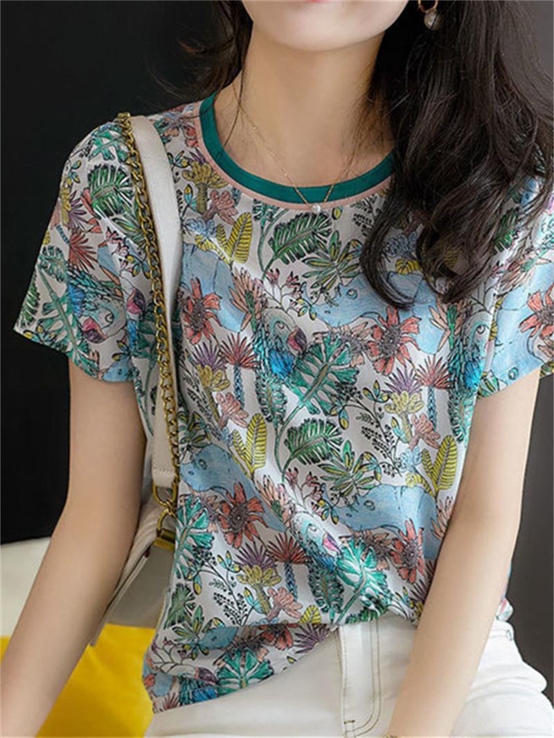 

Women's Blouses & Shirts Woman Summer Style Lady Casual Short Sleeve O-Neck Flower Printed Blusas Tops SP1549Women's, Green