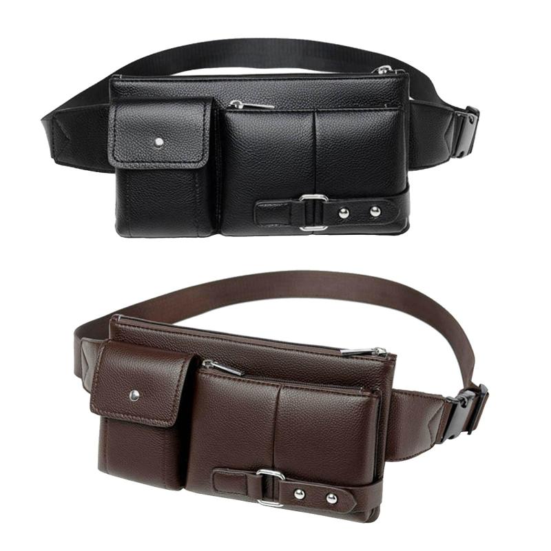 

School Bags PU Leather Waist Bag Multiple Pockets Fanny Pack For Women Men Daily Life And Travel Outdoor, Black
