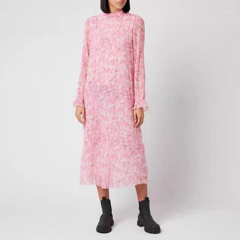 

Casual Dresses Pink Floral Midi Dress Women Pleated Flare Sleeve Ruffles Stand Collar Female 2022 Spring