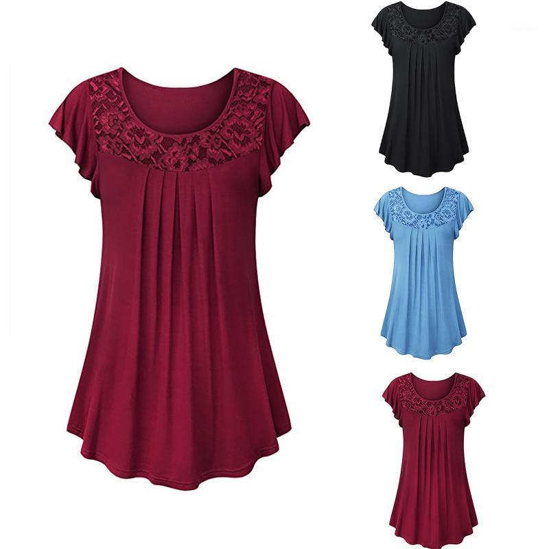 

Women' T-Shirt Women Solid Color Basic T Shirt Short Sleeve O Neck Tees Ladies Casual Loose Lace Tee Street Wear Ruffles Top Female Tops, Black