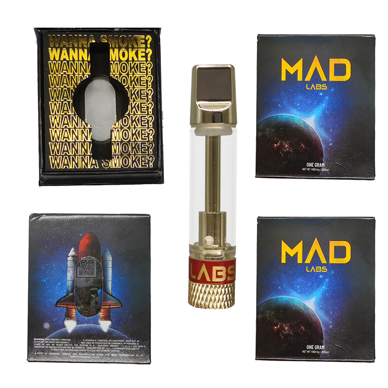 

Mad Labs Vapes Cartridges Disposable Carts 510 Thread Atomizer 0.8ml Gold Cart Ceramic Coil E cigarette Oil Vaporizer Cartridge Packaging Flat Metal Drip Atomizers