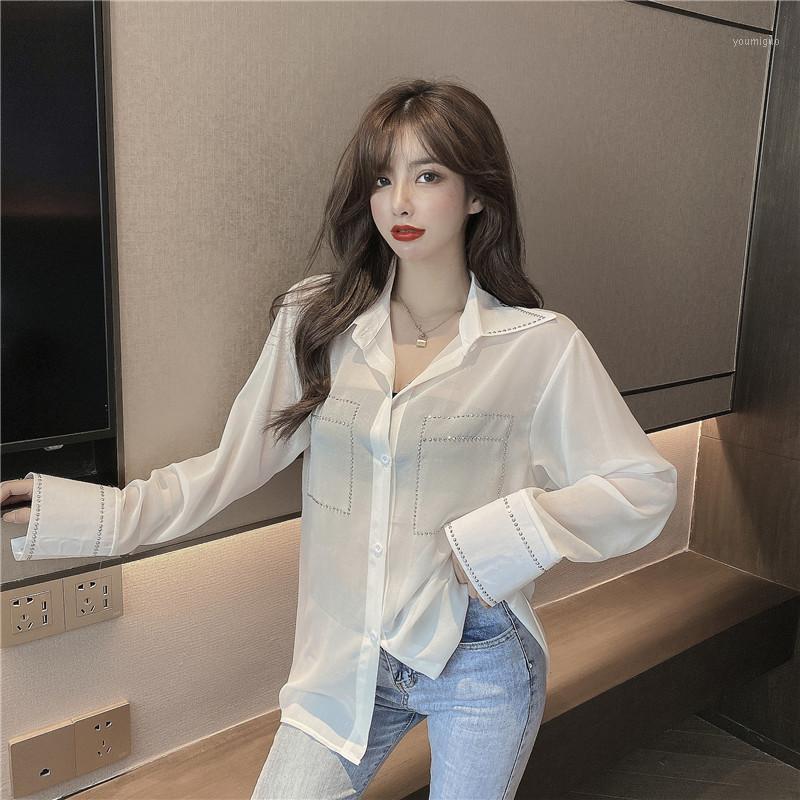 

Women's Blouses & Shirts #1976 White Black Perspective Women Sexy Loose Casual Transparent Female Chiffon Blouse Vintage Spring 2022