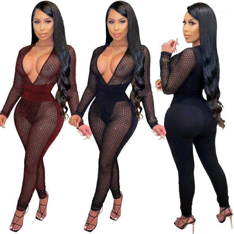 

In Stock Wholesale Fall Clothing For Women Sexy Mesh Bodycon Jumpsuit And Romper Woman Club Wear Outfits, Black