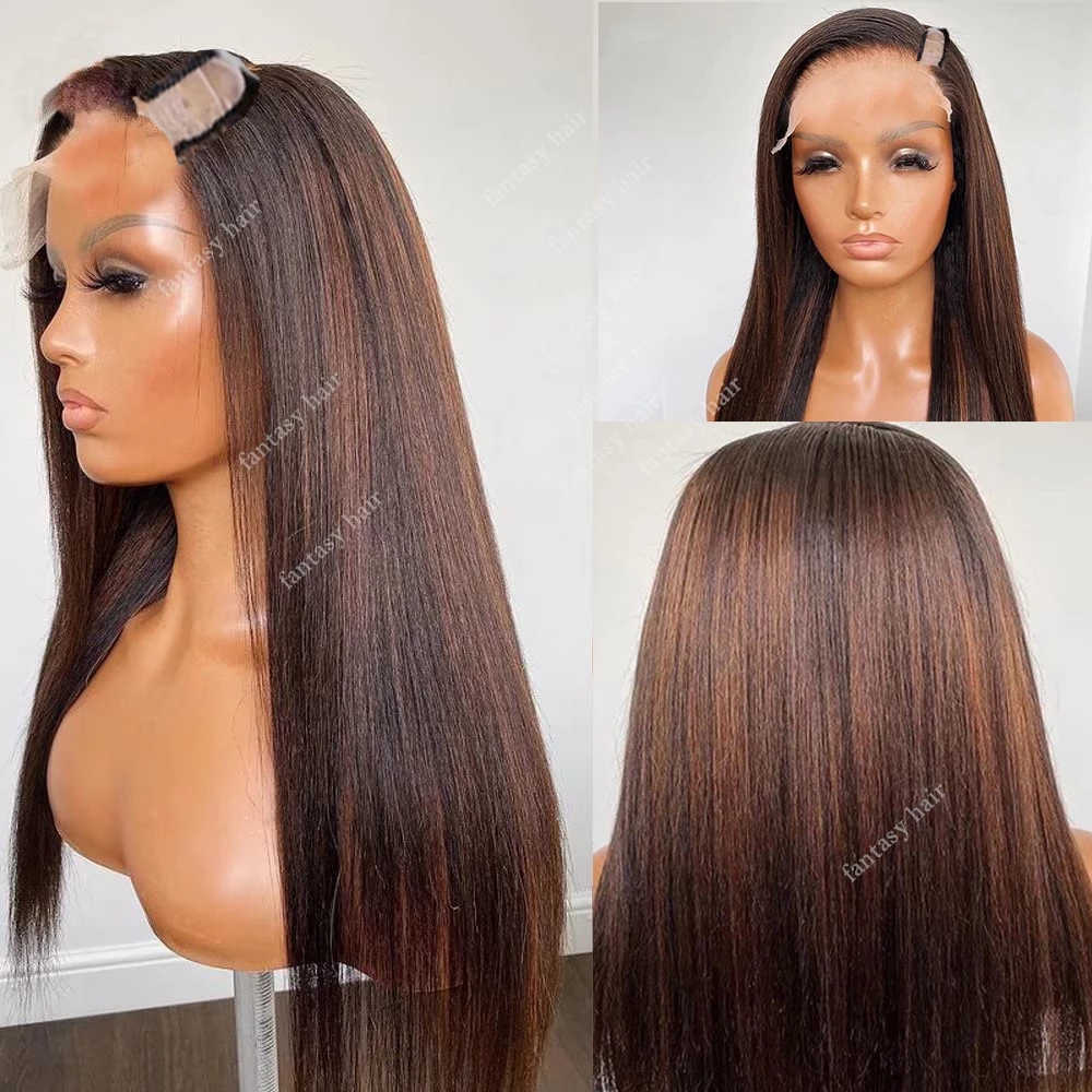 

Glueless Highlights Brown Blonde V Part Wigs 100% Human Hair Wig Unprocessed Ombre Bone Straight U Shape Parts None Lace Full Machine Made Full End, As picture color
