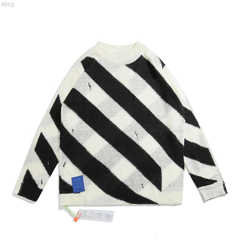 

Street Fashion Off Style White Mohair Black and Striped Holed Loose Couple Sweater T-shirt