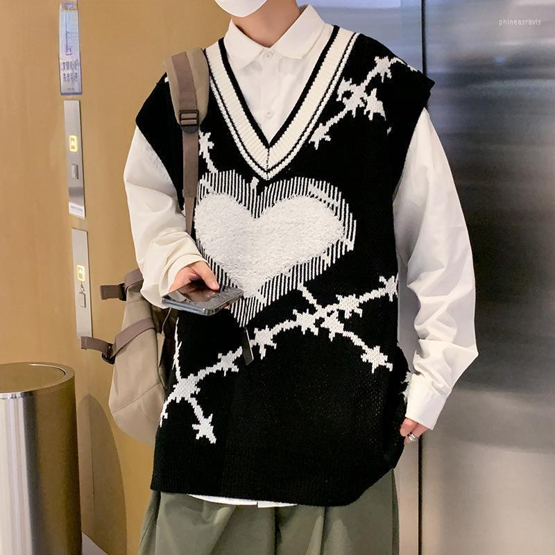 

Men's Vests Sweater Vest Men V-neck Heart Print Loose Harajuku Knittwear Jumpers Hip-hop Vintage Sleeveless Spring Tank-tops ChicMen's Phin2, Green