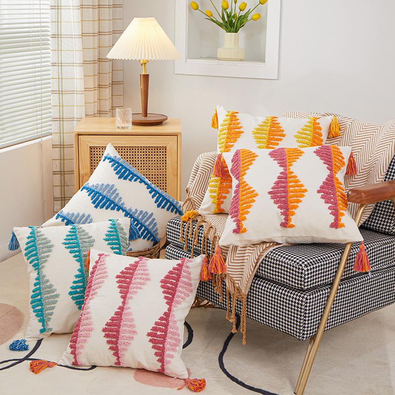 

Cushion/Decorative Pillow Moroccan Handmade Tasseles Pillowcase Contrast Color 3D Loop Velvet Embroidery Fish Pattern Cushion Cover Sofa Hom