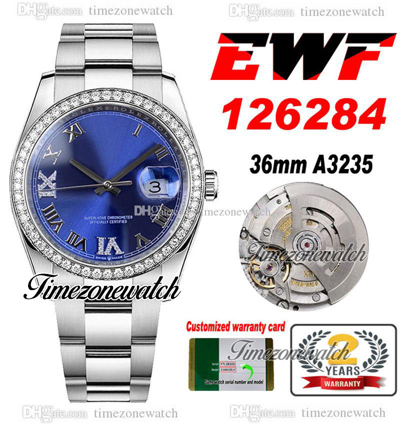 

EWF 36 126284 A3235 Automatic Ladies Womens Mens Watch Diamonds Bezel Blue Roman Dial OysterSteel Bracelet With Same Serial Card Super Edition Timezonewatch D4, Custom waterproofing service
