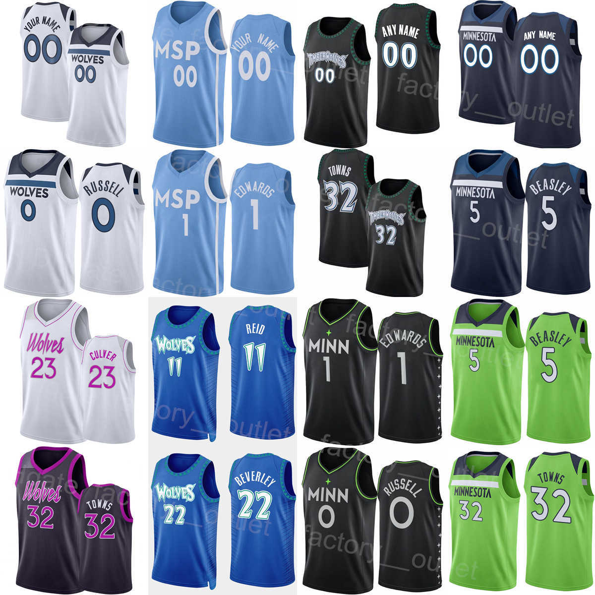 Homme Femme Jeunesse Sérigraphié Basketball Edwards Jersey 1 Karl Anthony Towns 32 Malik Beasley 5 DAngelo RUSSELL 0 Naz Reid 11 Patrick Beverley