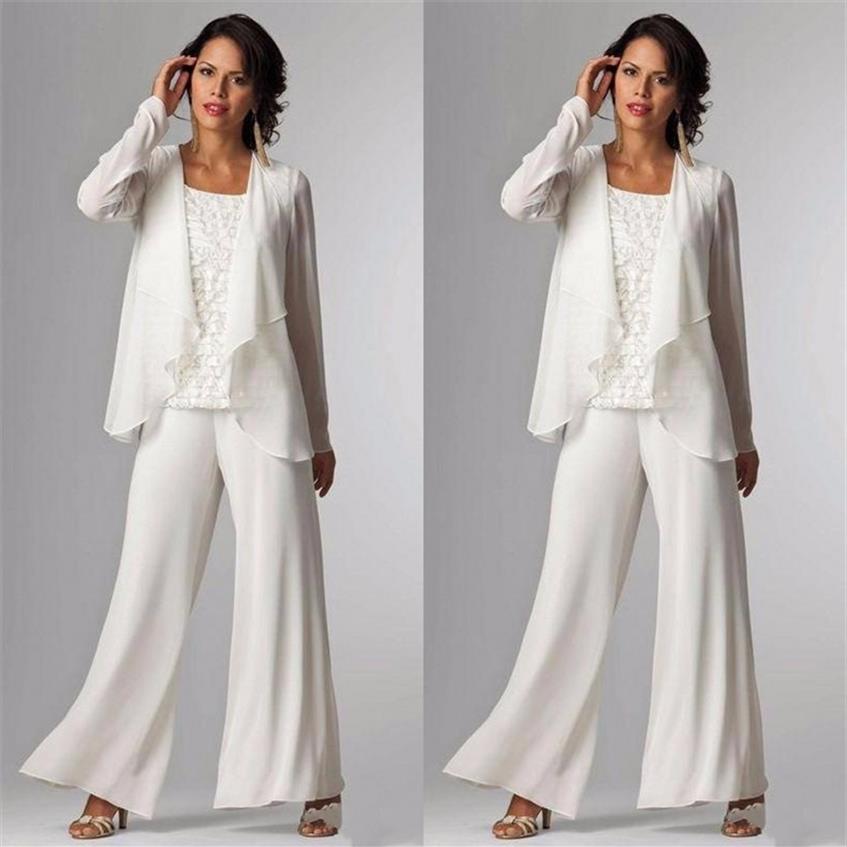 

2022 Elegant Evening Mother of The Bride Dresses Suits Ankle Length Long Sleeve Jackets Lace Pant Suits for Women Mother Groom Plu242V