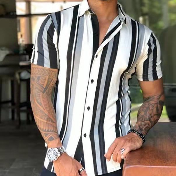 mens casual striped button up shirts camisa blusa plus size 3xl lujo clothing top flower Blouse summer hawaii short Sleeve Blouse Homme Clothes w